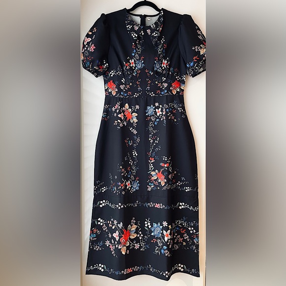 Floral black midi dress with puffed sleeves - Picture 3 of 9